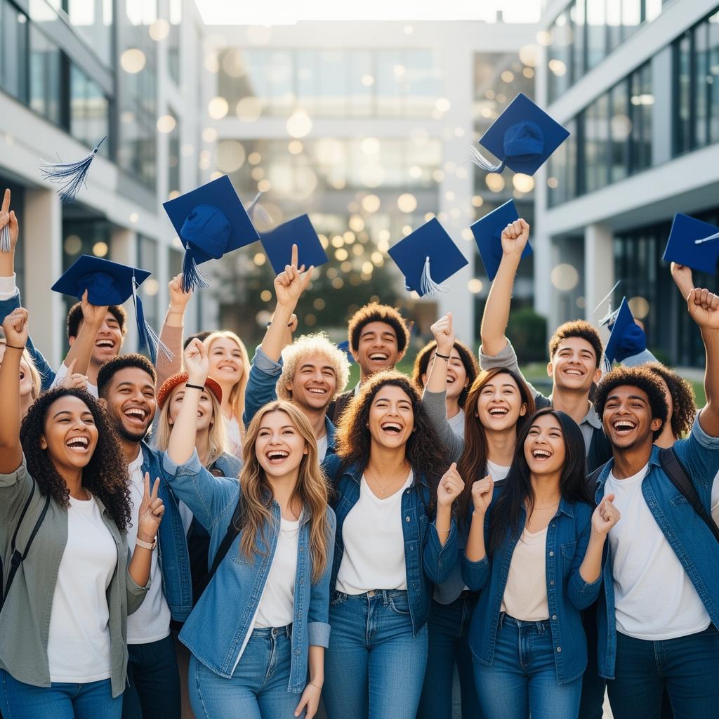 International students celebrating graduation on a university campus